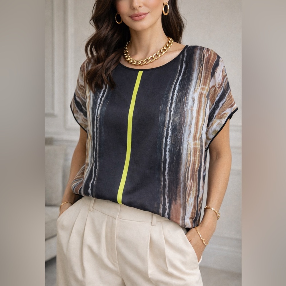 Edgy Brown women’s Top, Neon stripe, sz S/M EUC